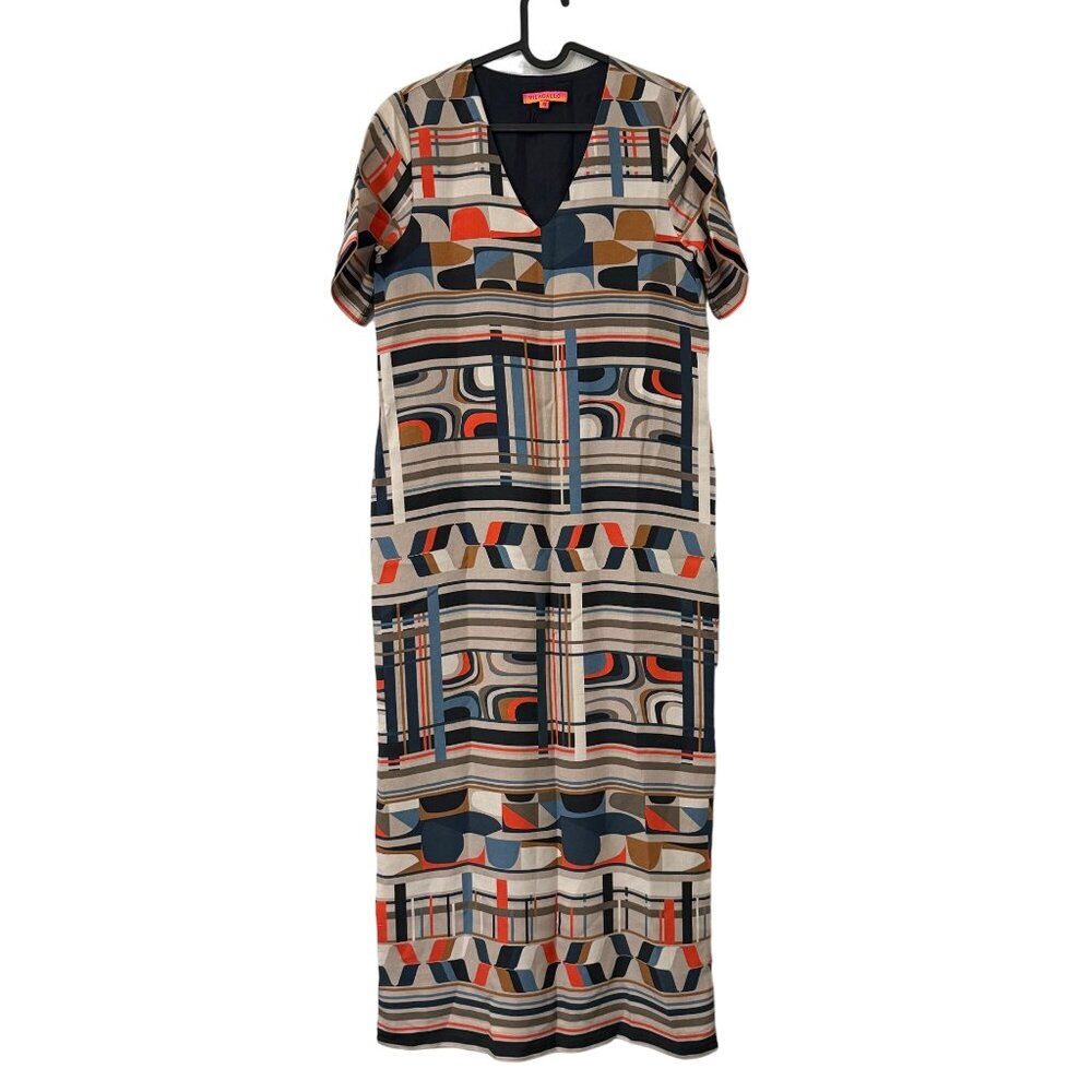 Vilagallo Multicolor Retro Geometric Vneck Short Sleeve Maxi Dress Womens Sz M